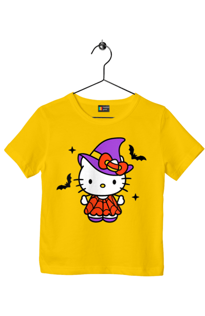 Футболка детская с принтом Хелло Китти Хэллоуин. Halloween, hello kitty, witch, бренд, ведьма, кот, котенок, персонаж, хелло китти, хэллоуин. 2070702