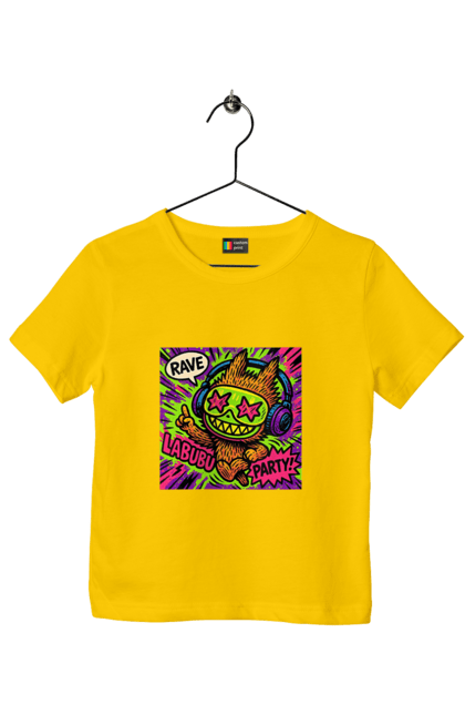 Children's t-shirt with prints Labubu. Comicstyle, evening, graphite, headphones, labubu, neon, popart, rave, stars and stars, vulichne mystetstvo. 2070702