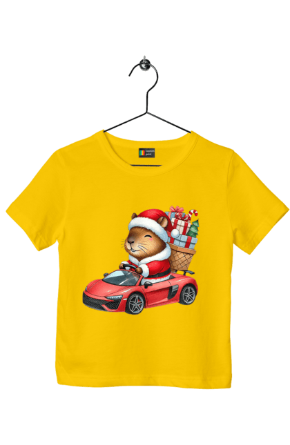 Children's t-shirt with prints Christmas Capybara with a Gift. Animal, capybara, car, christmas, christmas capybara, gift, holiday, new year, new year`s gift, santa. 2070702