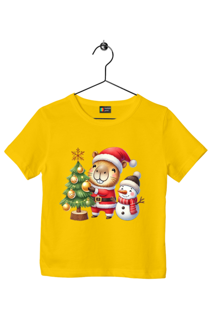 Children's t-shirt with prints Christmas Capybara with a Tree. Animal, capybara, christmas, christmas capybara, christmas tree, gift, holiday, new year, new year`s gift, santa. 2070702