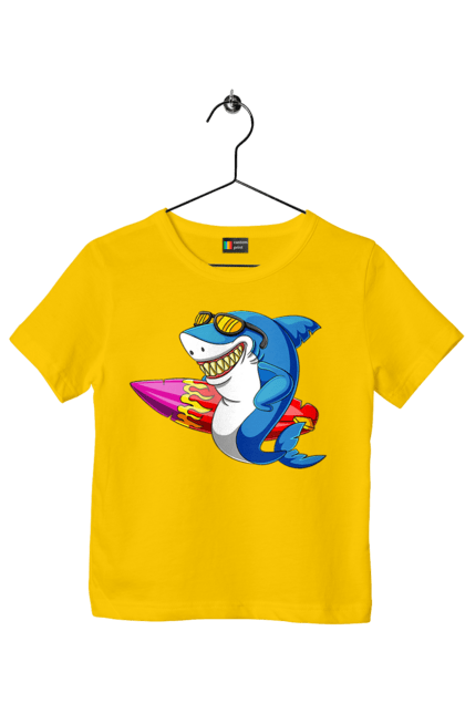 Футболка дитяча з принтом "Акула В Окулярах З Серфінгом". Акула, літо, окуляри, серфінг. 2070702