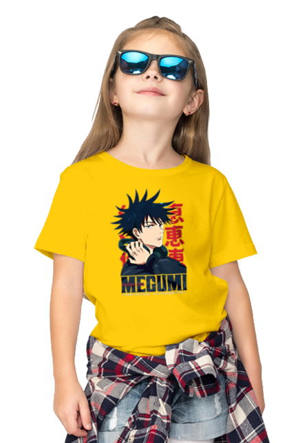 Children's t-shirt with prints Jujutsu Kaisen Megumi. Anime, dark fantasy, fushiguro, fushiguro megumi, jujutsu kaisen, magic battle, manga, megumi, mystic. 2070702