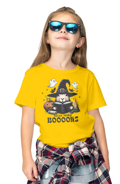 Children's t-shirt with prints Capybara Halloween. Animal, capybara, ghost, halloween, holiday, moon, pumpkin, rodent, witch. 2070702