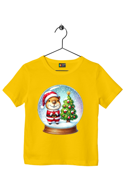 Children's t-shirt with prints Christmas Capybara with a Tree. Animal, capybara, christmas, christmas capybara, christmas tree, gift, holiday, new year, new year`s gift, santa. 2070702