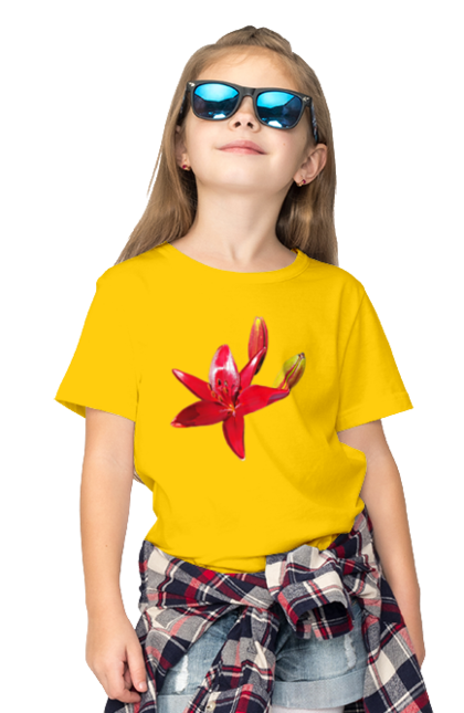 Children's t-shirt with prints Red lily. Bright, bud, buds, color, flower, lily, nature, red, red flower, red lily, sunny. 2070702