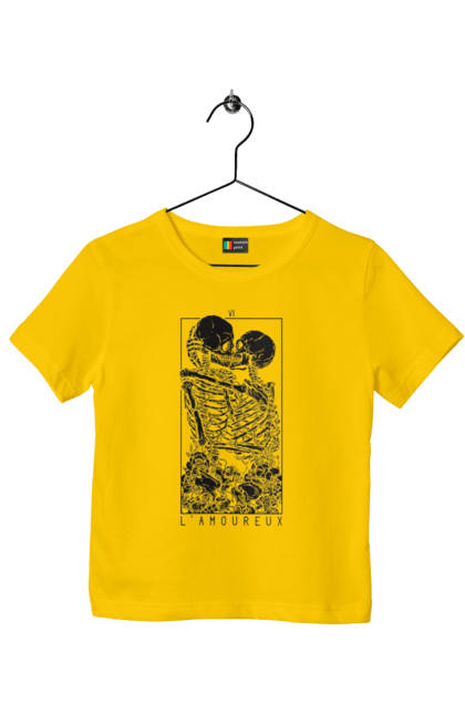 Children's t-shirt with prints Skeletons in love. Bones, kiss, love, scull, skeletons, tarot, teeth. 2070702