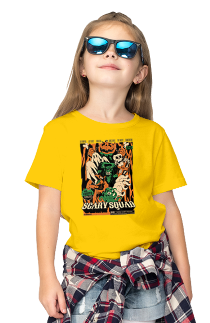 Children's t-shirt with prints Halloween Scary Squad. Costume, ghost, halloween, holiday, october, october 31, pumpkin, skeleton, sweets, trick or treat. 2070702