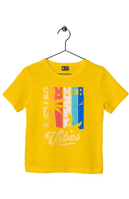 Children's t-shirt with prints Summer Vibes Beach. Beach, sea, summer, surfing, tropics, vacation. 2070702