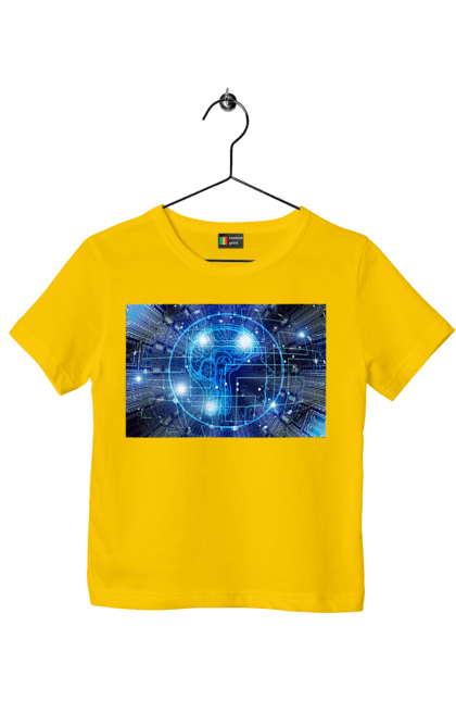 Children's t-shirt with prints Artificial intelligence. Artificial intelligence, brain, chip, code, comp, computer, crystal, cyber, cybernetics, cyborg, developer, engineer, geek, hacker, intelligence, it, it specialist, knowledge, machine learning, mind, portrait, profession, professional, programmer. 2070702