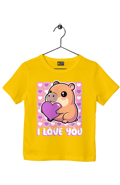 Футболка дитяча з принтом "Закохана капібара". I love you, валентинка, день святого валентина, капибара, кохання, милі тварини, пара капібар, романтика, романтичний подарунок, серця. 2070702