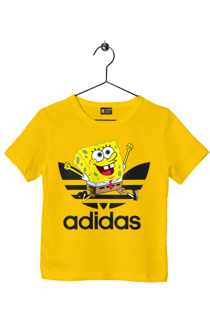 Футболка детская с принтом Adidas Губка Боб. Adidas, spongebob, адидас, баскетбол, губка боб, мультик, мультсериал, мяч, спанч боб, спорт. 2070702