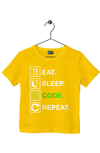 Футболка дитяча з принтом "Їж Cпи Кодуй Повторюй". Айті, айтішник, для айтішника, для програміста, їж спи, кодуй повторюй, подарунок айтішнику, подарунок програмісту, програміст, розробник. 2070702