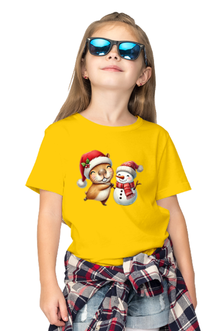 Children's t-shirt with prints Capybara and Snowman. Animal, capybara, christmas, christmas capybara, gift, holiday, new year, new year`s gift, santa, snowman. 2070702