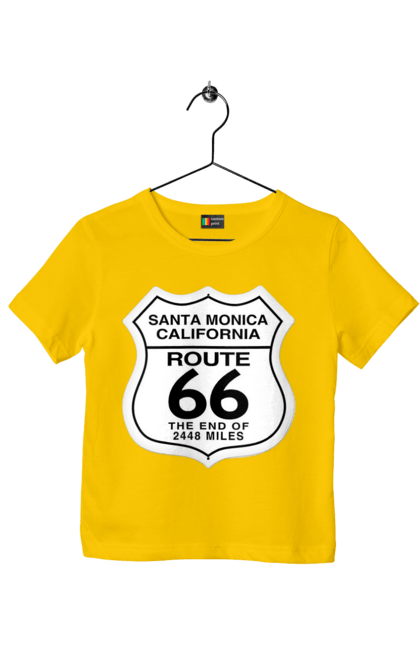 Children's t-shirt with prints Route 66. Bike, biker, biker club, bikers club, brother, brutal, dude, hot asphalt, hot horse, hot rod, motorcycle, motorcyclist, real man, road 50, road 66, road 80, roads of america, roads of ukraine, roads we choose, speed, take, thirst for speed. 2070702