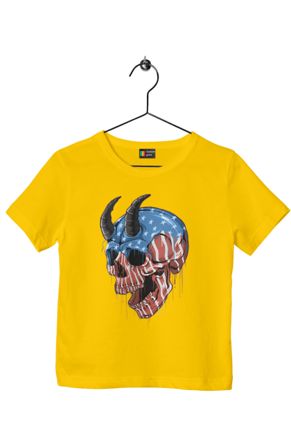 Children's t-shirt with prints Skull with horns. America, bones, dye, flag, horns, scull, states, teeth, usa. 2070702