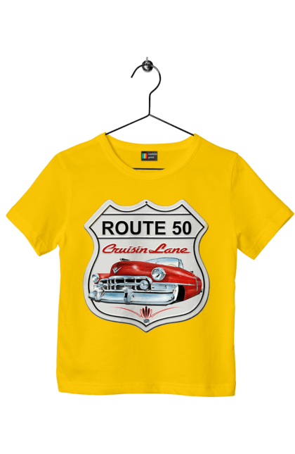 Children's t-shirt with prints Route 50. Bike, biker, biker club, bikers club, brother, brutal, dude, hot asphalt, hot horse, hot rod, motorcycle, motorcyclist, real man, road 50, road 66, road 80, roads of america, roads of ukraine, roads we choose, speed, take, thirst for speed. 2070702