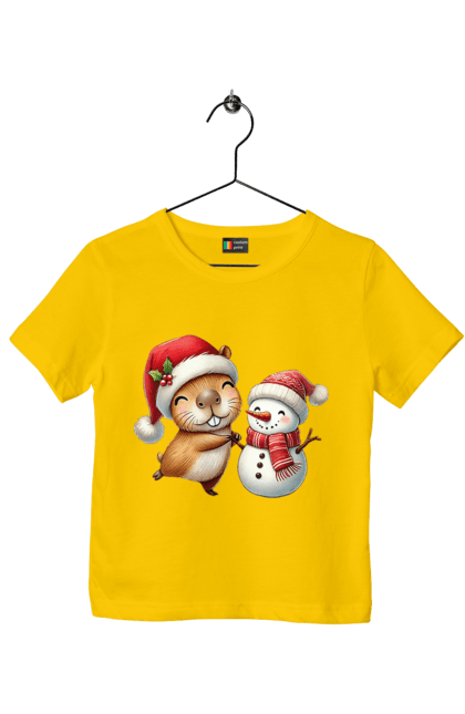 Children's t-shirt with prints Capybara and Snowman. Animal, capybara, christmas, christmas capybara, gift, holiday, new year, new year`s gift, santa, snowman. 2070702