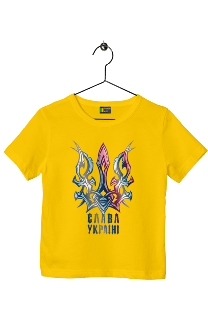 Children's t-shirt with prints The Trident Glory to Ukraine is colored. Freedom, glory to ukraine, i am ukrainian, trident, ukraine, will. 2070702