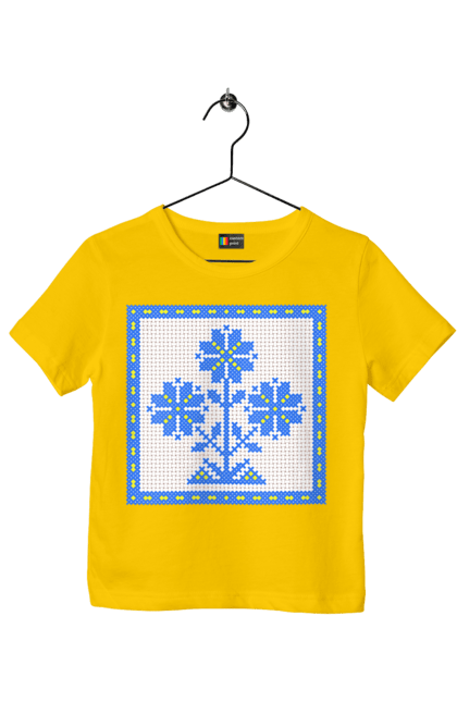 Футболка дитяча з принтом "Жовто блакитна вишивка квіти". Вишивка, вишивка хрестиком, квіти, символ україни, традиції україни, україна. 2070702