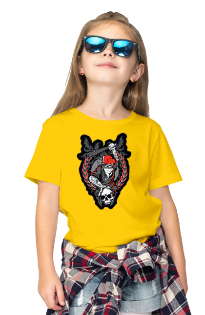 Children's t-shirt with prints Skeleton with a bat. Bit, bones, cap, gang, nails, scull, skeleton, tattoo, teeth. 2070702