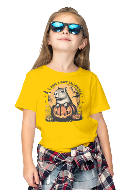 Children's t-shirt with prints Capybara Halloween. Animal, capybara, halloween, holiday, moon, pumpkin, rodent. 2070702