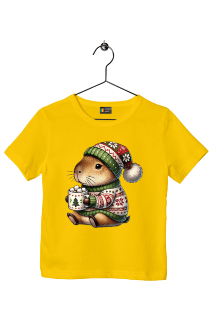 Children's t-shirt with prints Capybara with hot chocolate. Animal, capybara, christmas, christmas capybara, gift, holiday, hot chocolate, new year, santa. 2070702