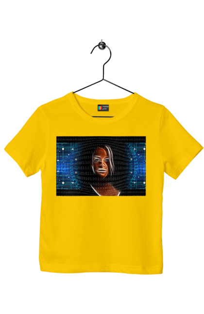 Children's t-shirt with prints Artificial Intelligence. Artificial intelligence, brain, chip, code, comp, computer, crystal, cyber, cybernetics, cyborg, developer, engineer, geek, glows, hacker, intelligence, it, it specialist, knowledge, light, luminous, machine learning, microcircuit, mind, portrait, profession, professional, programmer, woman. 2070702