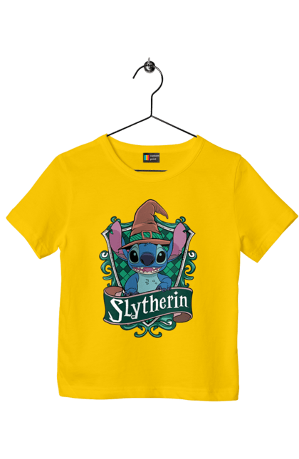 Children's t-shirt with prints Stich Slytherin. Faculty, franchise, harry potter, hogwarts, slytherin, stich. 2070702