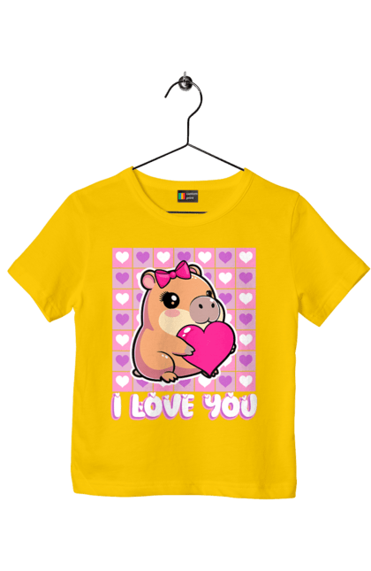 Футболка дитяча з принтом "Закохана капібара". I love you, валентинка, день святого валентина, капибара, кохання, милі тварини, пара капібар, романтика, романтичний подарунок, серця. 2070702