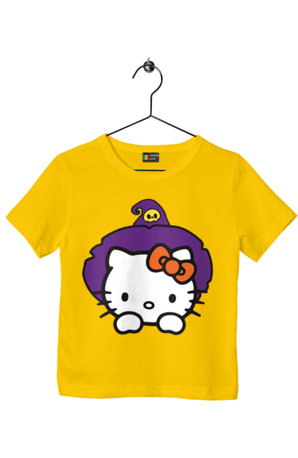 Футболка детская с принтом Хелло Китти Хэллоуин. Halloween, hello kitty, witch, бренд, ведьма, кот, котенок, персонаж, хелло китти, хэллоуин. 2070702