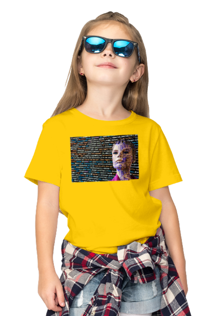 Children's t-shirt with prints Artificial Intelligence. Artificial intelligence, brain, chip, code, come on, comp, computer, computer, crystal, cyber, cybernetics, cyborg, developer, engineer, geek, glows, hacker, intelligence, intelligence, it, it specialist, knowledge, light, luminous, machine learning, microcircuit, mind, portrait, profession, professional, programmer, woman. 2070702