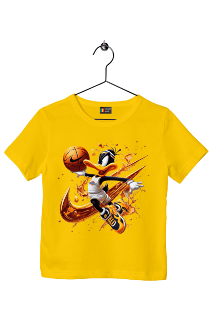 Футболка детская с принтом Даффи Дак Nike. Daffy duck, looney tunes, merrie melodies, nike, warner brothers, даффи дак, мультфильм, персонаж, утка даффи. 2070702