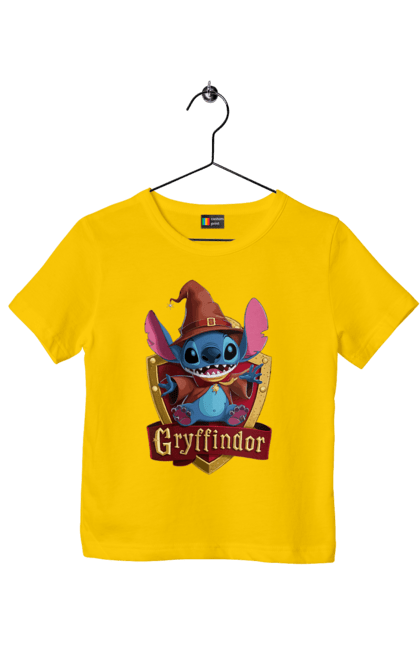 Футболка детская с принтом Стич Гриффиндор. Gryffindor, harry potter, hogwarts, stich, гарри поттер, гриффиндор, стич, факультет, франшиза, хогвартс. 2070702