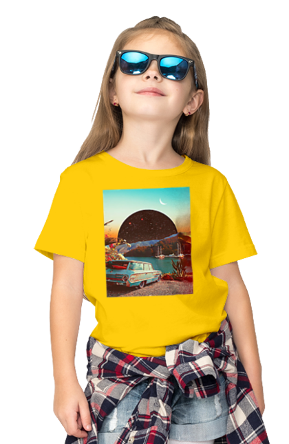 Children's t-shirt with prints Painting, car by the river. Joke, machine, picture, planet, retro, river. 2070702