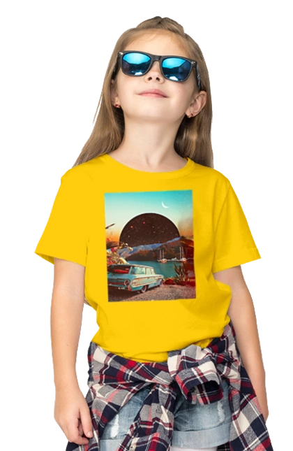 Children's t-shirt with prints Painting, car by the river. Joke, machine, picture, planet, retro, river. 2070702