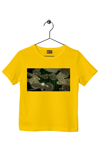 Children's t-shirt with prints Bitcoin. Bitcoin, coin, cryptocurrency, currency, digital world, luxury, matrix, mining, money, wealth, well. 2070702