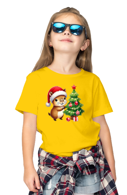 Children's t-shirt with prints Christmas Capybara with a Tree. Animal, capybara, christmas, christmas capybara, christmas tree, gift, holiday, new year, new year`s gift, santa. 2070702