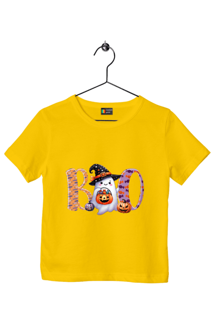 Children's t-shirt with prints Halloween Ghost. Costume, ghost, halloween, holiday, october, october 31, scary, sweets, trick or treat. 2070702