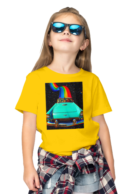 Children's t-shirt with prints Picture, a car in space. Joke, machine, picture, rainbow, retro, space, travel, trip. 2070702
