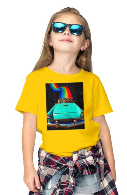Children's t-shirt with prints Picture, a car in space. Joke, machine, picture, rainbow, retro, space, travel, trip. 2070702