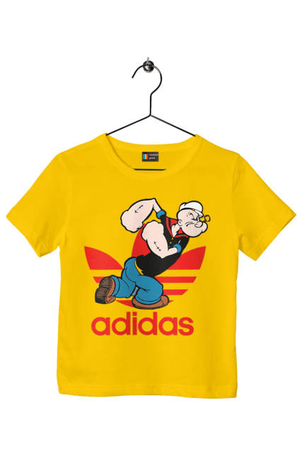 Футболка детская с принтом Adidas Моряк Попай. Adidas, popeye the sailor, адидас, комикс, моряк, мультфильм, сериал, трубка. 2070702