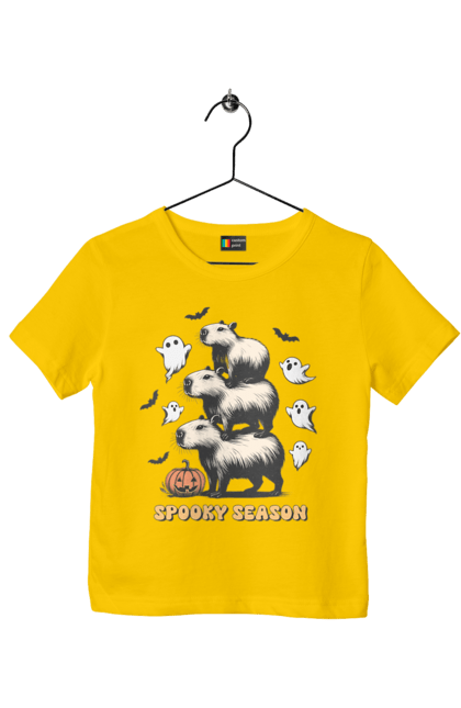 Children's t-shirt with prints Capybara Halloween. Animal, capybara, ghost, halloween, holiday, moon, pumpkin, rodent. 2070702