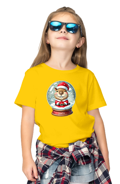 Children's t-shirt with prints Capybara in a snow globe. Animal, capybara, christmas, christmas capybara, gift, holiday, new year, new year`s gift, santa, snow globe. 2070702