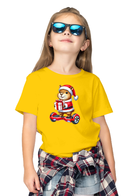 Children's t-shirt with prints Christmas Capybara with a Gift. Animal, capybara, christmas, christmas capybara, gift, holiday, new year, new year`s gift, santa. 2070702