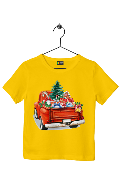 Children's t-shirt with prints Car with gifts. Car, christmas, new year, presents, santa, tree. 2070702