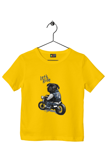 Футболка дитяча з принтом "Мопс на мотоциклі". Байкер, мопс, мотоцикл, собака, тварини. 2070702