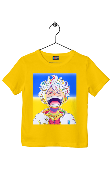 Children's t-shirt with prints Monkey D Luffy laughing on a yellow blue background. Flag of ukraine, luffy, monkey d luffy, one piece, symbol of ukraine, ukraine. 2070702