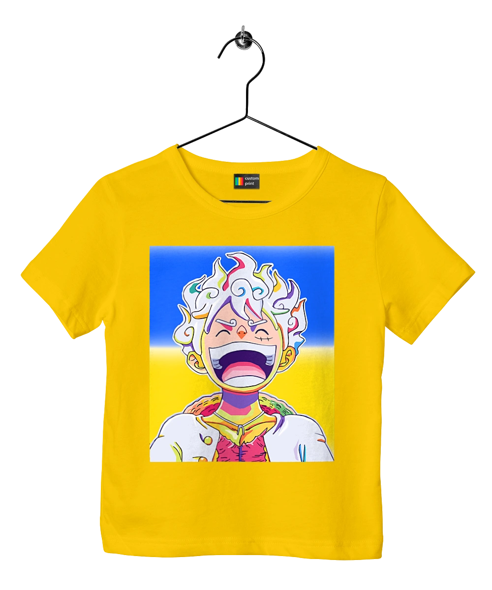 Монкі д Луффі сміється на жовто блактному фоні