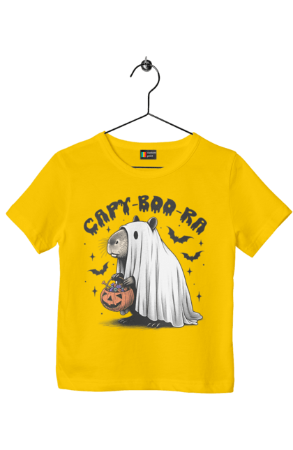 Футболка детская с принтом Капибара Хэллоуин. Capybara, halloween, водосвинка, грызун, животное, капибара, праздник, привидение, тыква, хэллоуин. 2070702