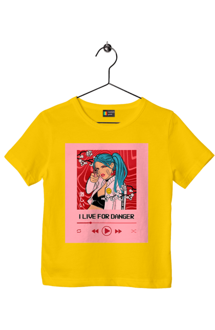 Футболка дитяча з принтом "I Live For Danger". Аніме, музика, пістолет, програвач. 2070702